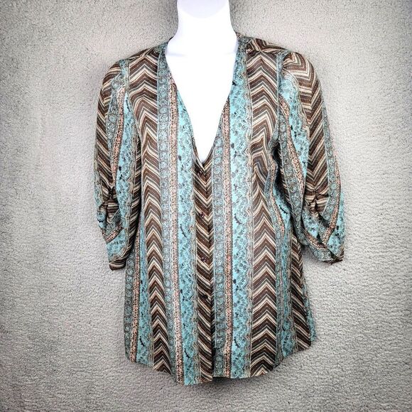 Emma James Top Womens Large Turquoise Brown Sheer Button-Up Lagenlook - Picture 14 of 14